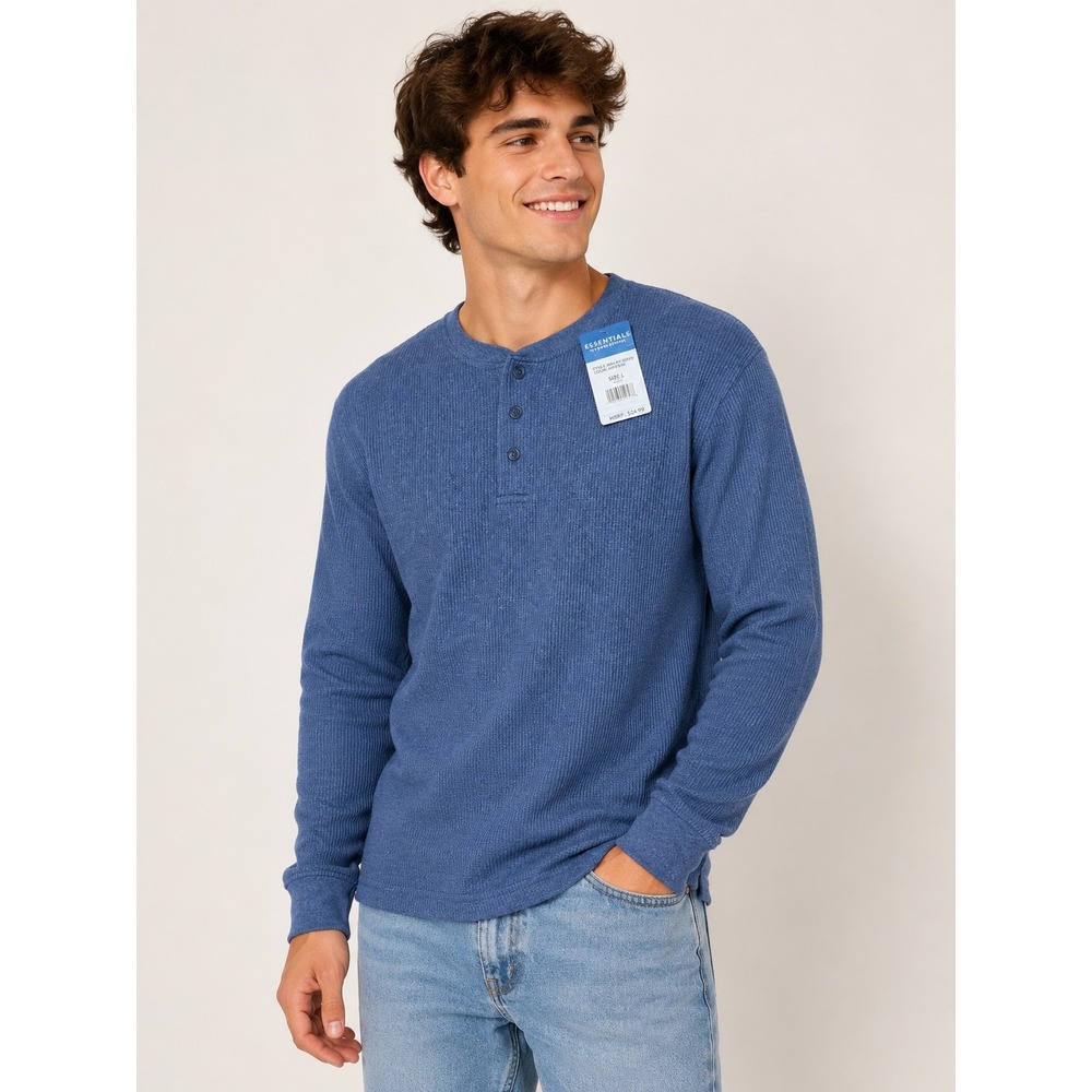 Essential by Seven Apparel Mens Sz L Heather Blue Waffle Knit Henley NWT Casual